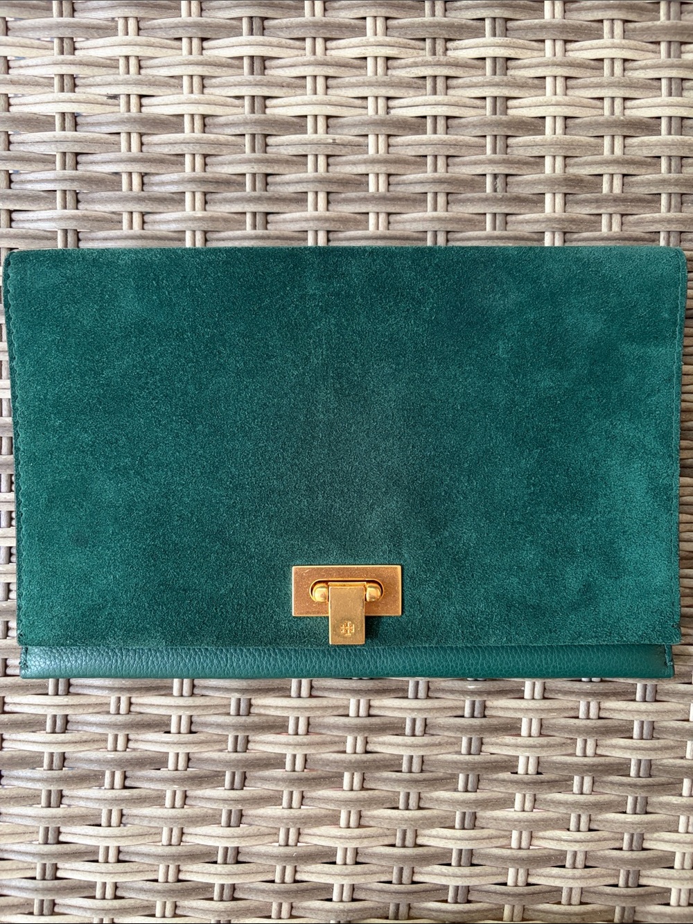 Tory Burch Emerald Green Suede Clutch with Gold Hardware